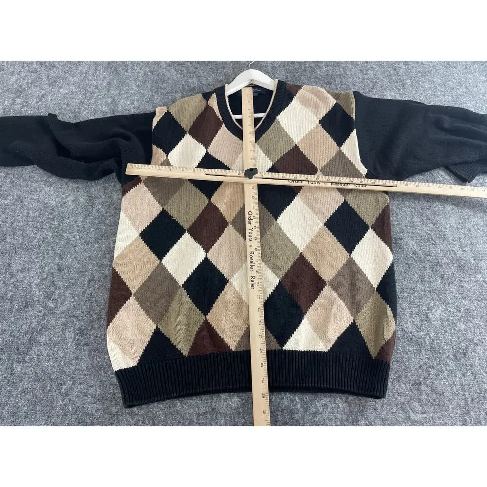 Cotton Traders Sweater Mens Large Black Argyle Pullover Vintage 90s N14